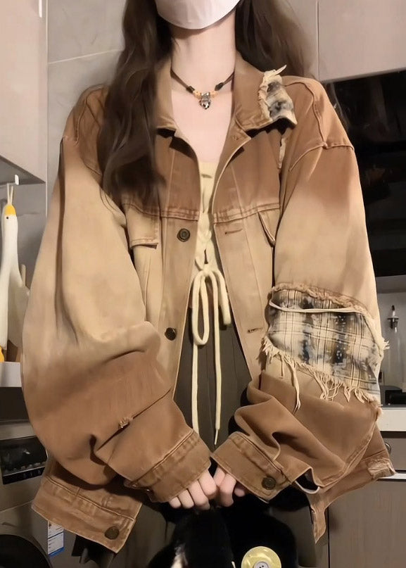 Khaki Peter Pan Collar Pockets Patchwork Patch Denim Coat Lantern Sleeve