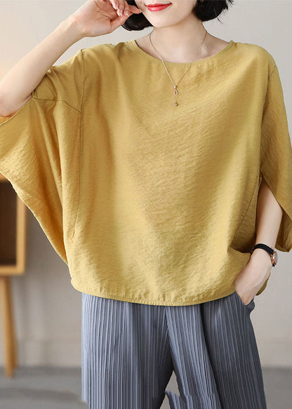 Yellow O-neck Oversized Linen Shirt Top Batwing Sleeve