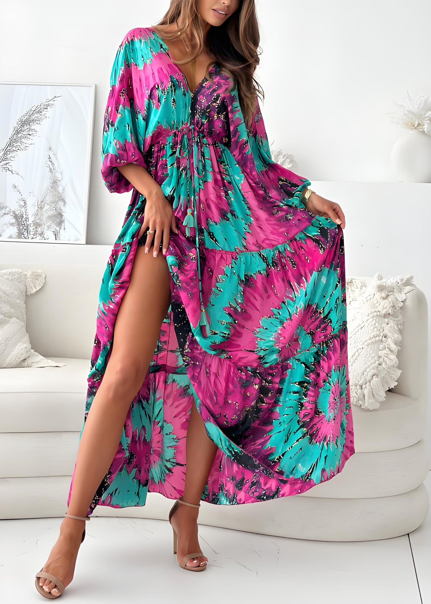 Green V Neck Print Side Open Cotton Dress Summer