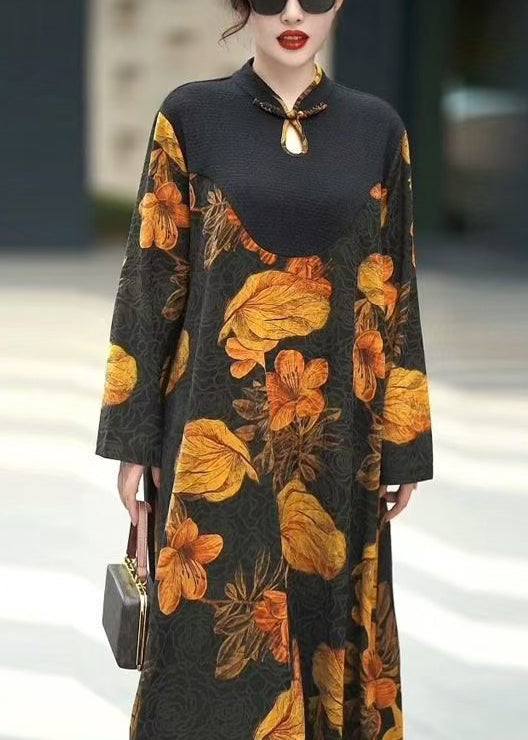 Yellow Button Print Silk Long Dresses Fall