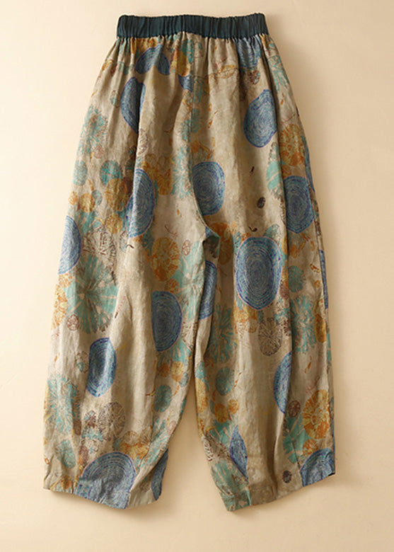 Green Pockets Elastic Waist Print Harem Pants Summer