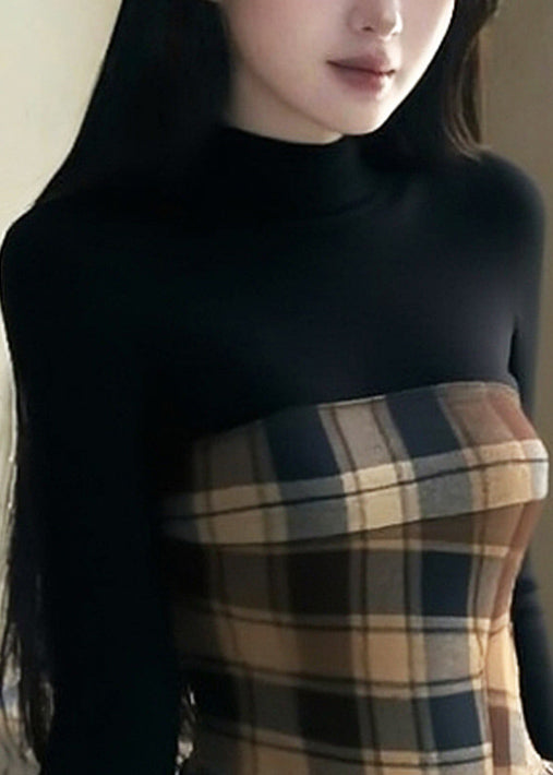 Black Tasseled Plaid Patchwork Knitting Cotton Tops Spring