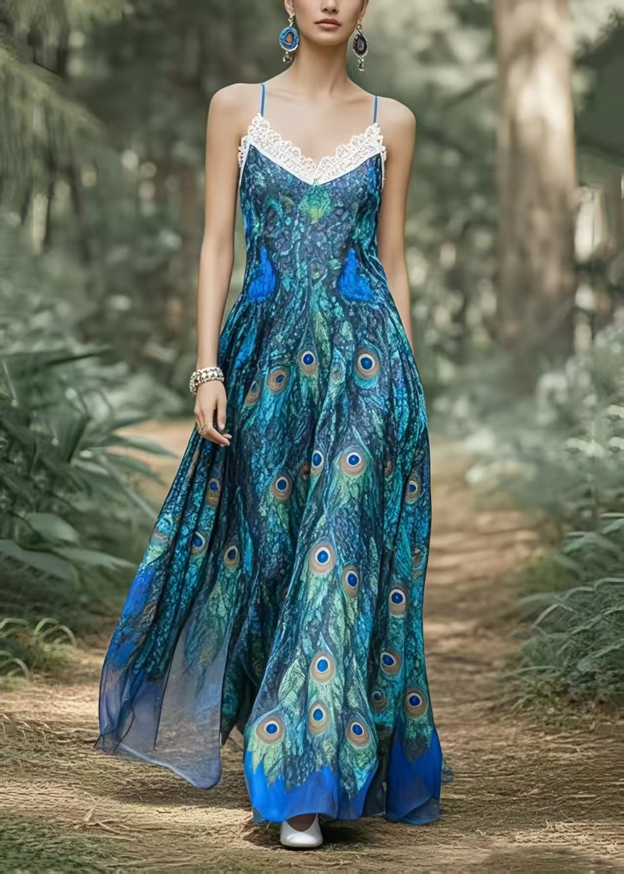Peacock Blue Print Exra Large Hem Chiffon Holiday Dress Summer