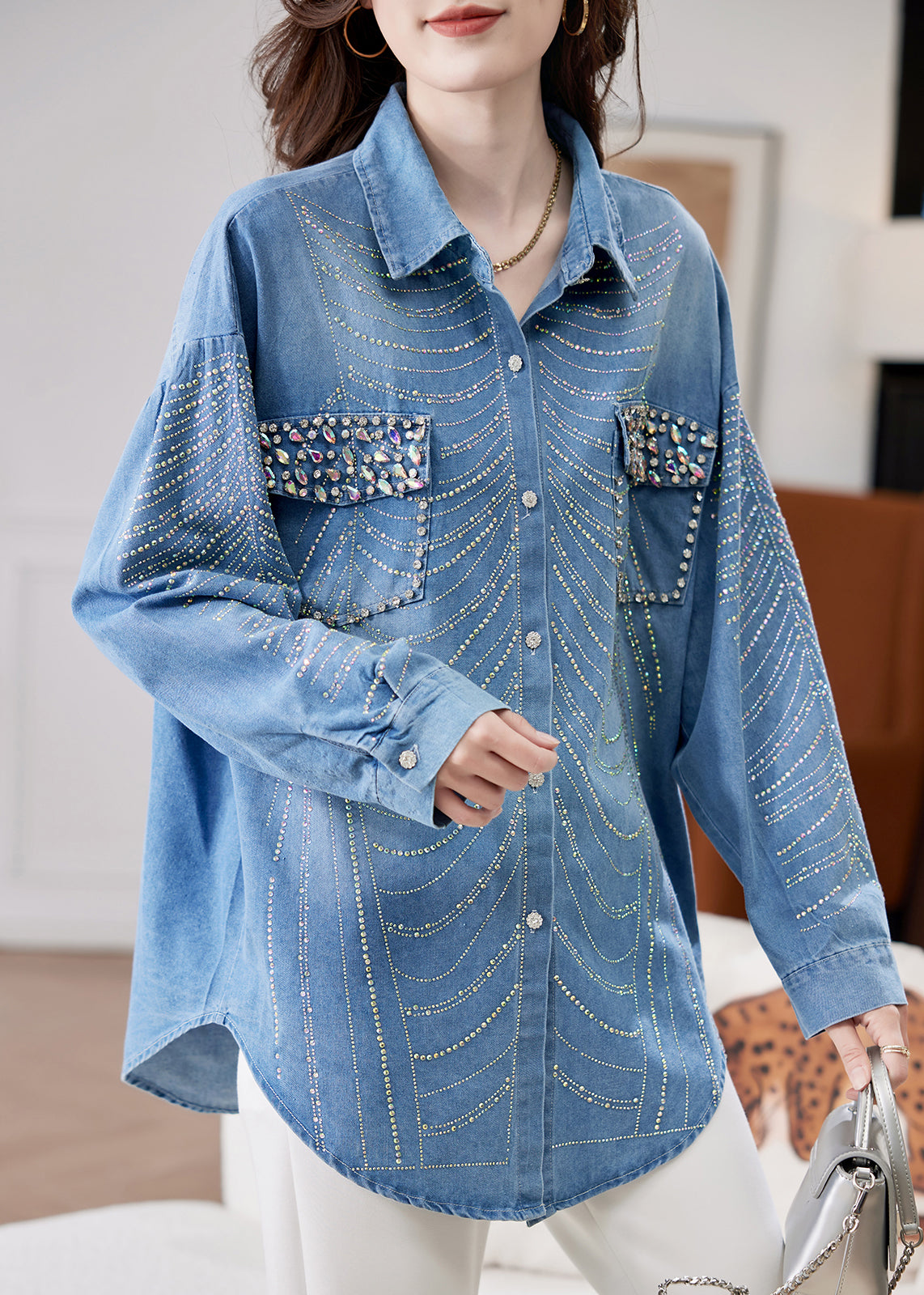 Blue Nail Bead Zircon Button Denim Shirts Spring