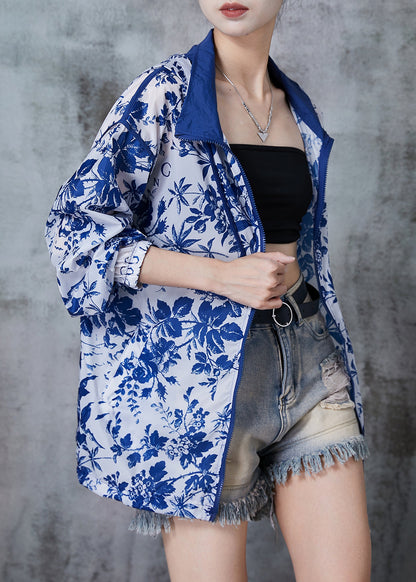 Blue Hooded Print Spandex Coat Outwear Fall