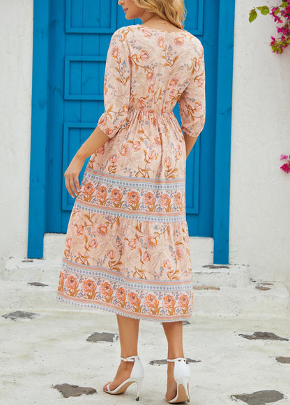Classy Blue V Neck Print Wrinkled Cotton Dresses Summer