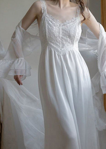 Novelty White V Neck Embroideried Chiffon Cardigans and Slip Dress Two Pieces Set Summer
