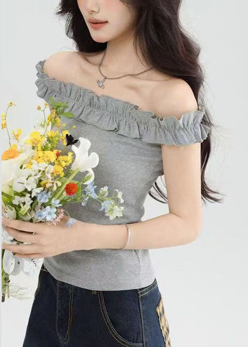Style Grey Slash Neck Ruffled Short Sleeve Yoga Tops