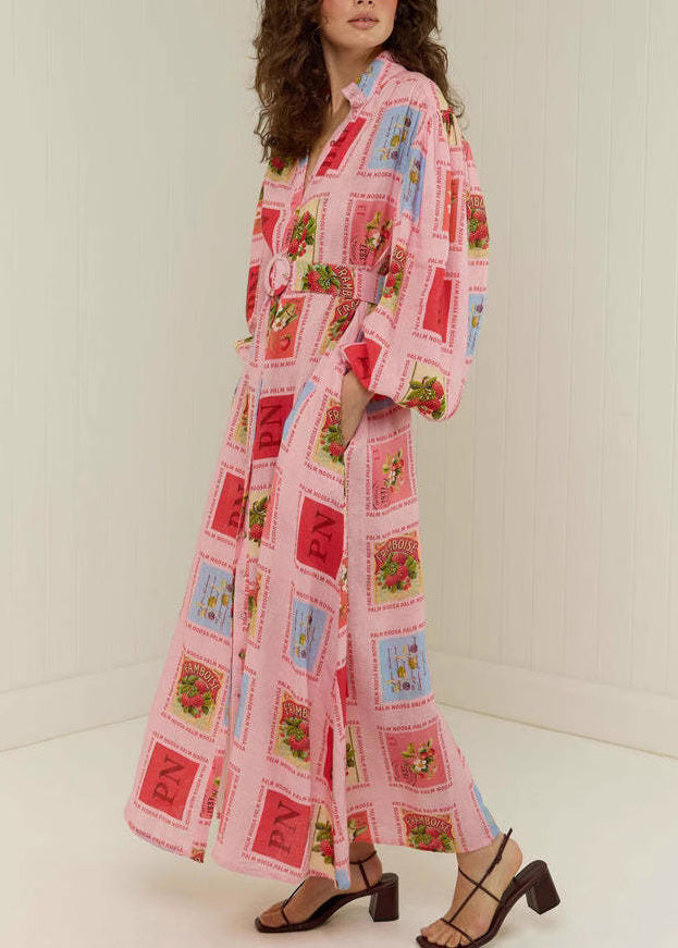 Red Stand Collar Print Slim Maxi Dresses Fall