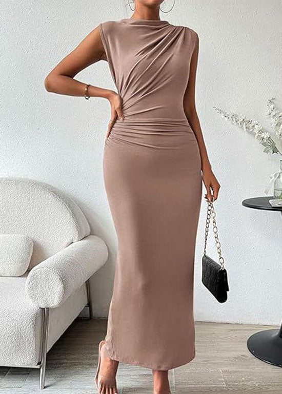 Khaki O Neck Wrinkled Cotton Long Dresses Sleeveless