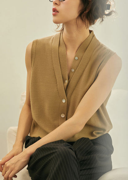 Khaki V Neck Button Woolen Vest Tops Sleeveless