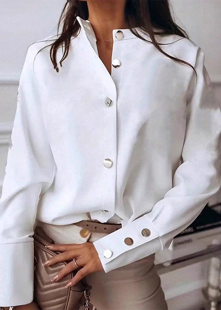 Modern White Stand Collar Button Cotton Blouse Top Spring