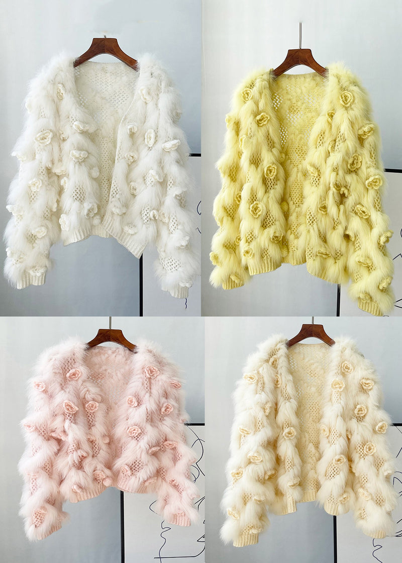 Yellow Patchwork Mink Hair Knitted Coats Lantern Sleeve