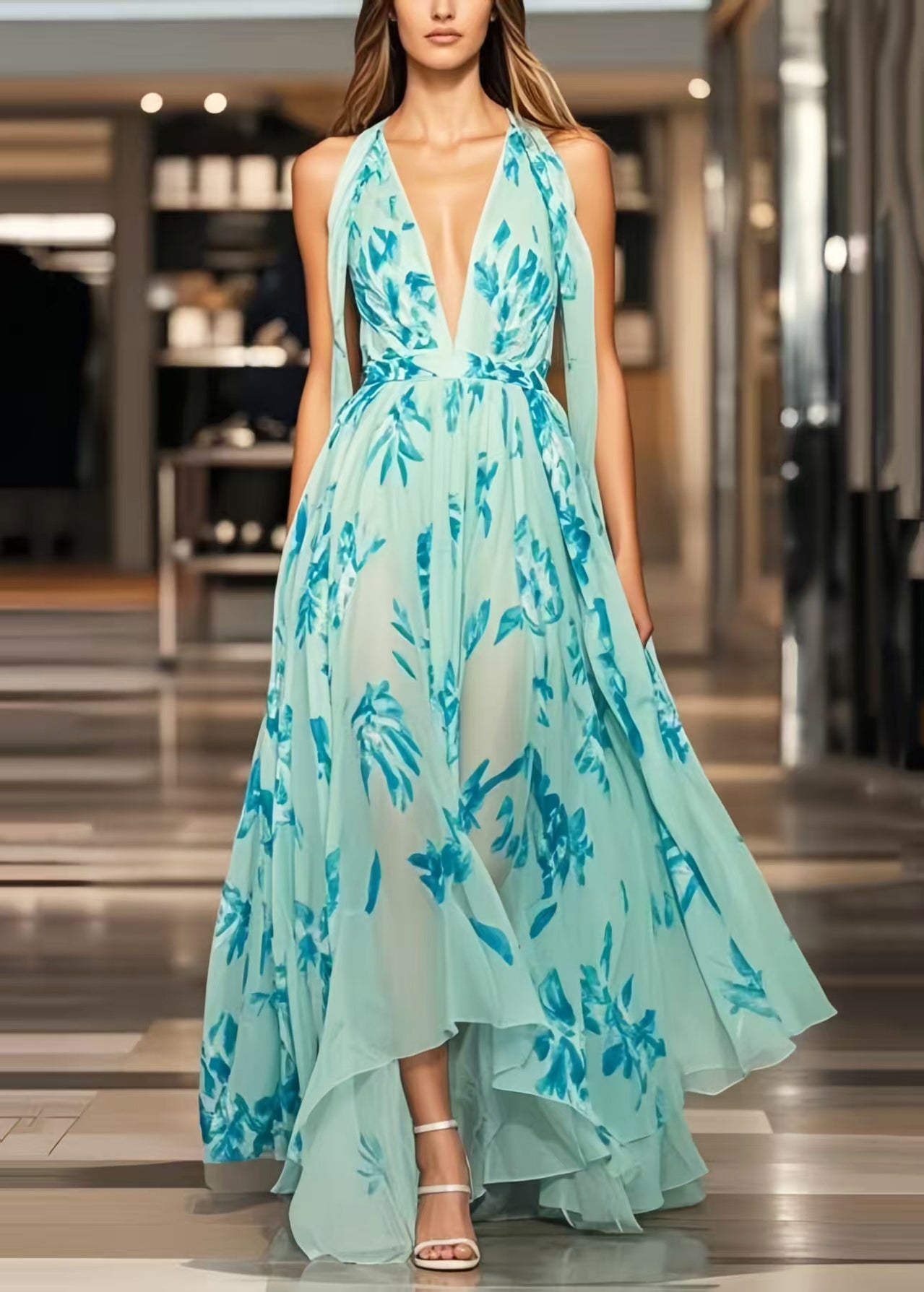 Light Blue Print Exra Large Hem Chiffon Sundress Summer