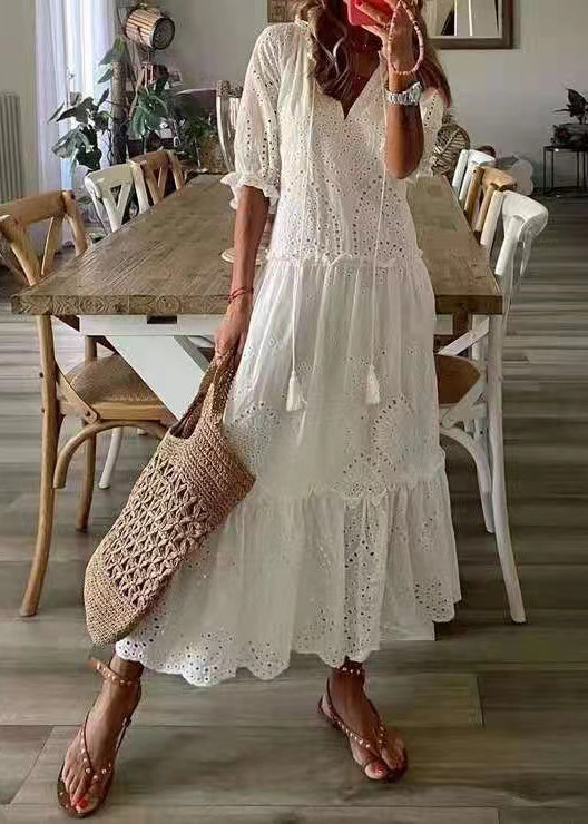 White Ruffled Hollow Out Cotton Party Dress Summer
