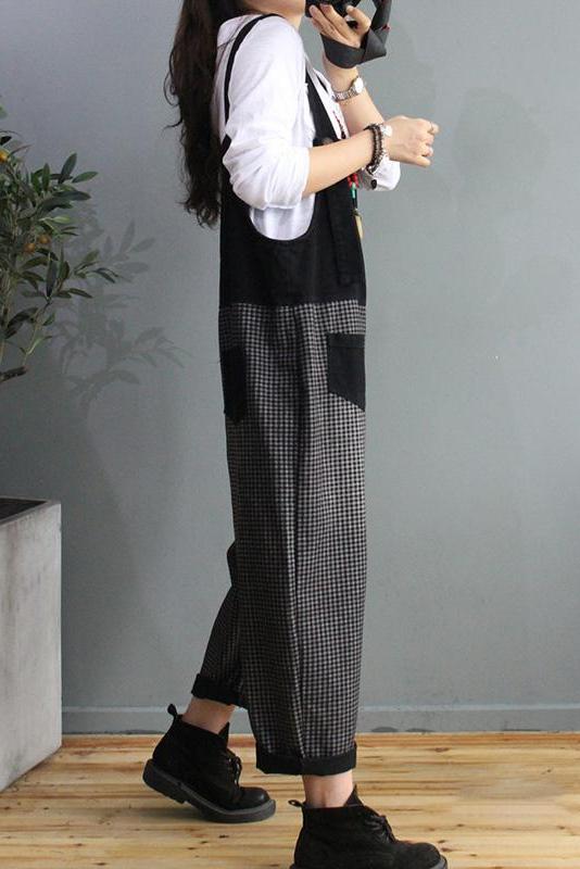 Denim Cotton Plaid Stitching Overalls Dungarees Jumpsuit