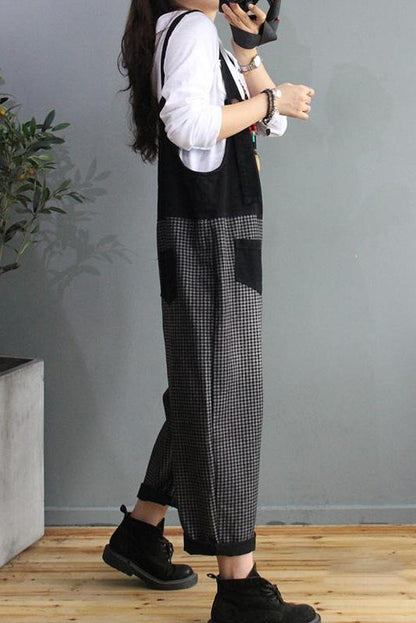 Denim Cotton Plaid Stitching Overalls Dungarees Jumpsuit
