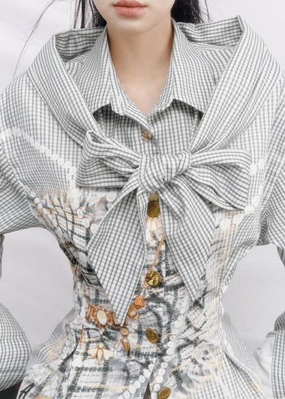 Cold Shoulder Plaid Cotton Fake Two Piece Shirt Top Spring