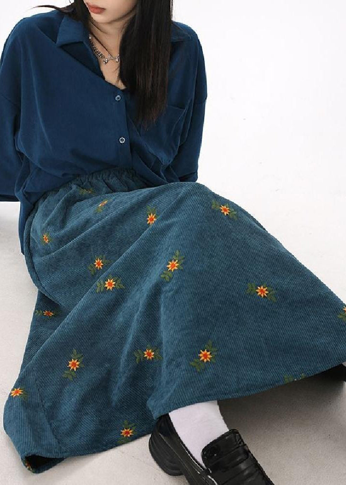 Peacock Blue Embroidered Corduroy Skirts Spring