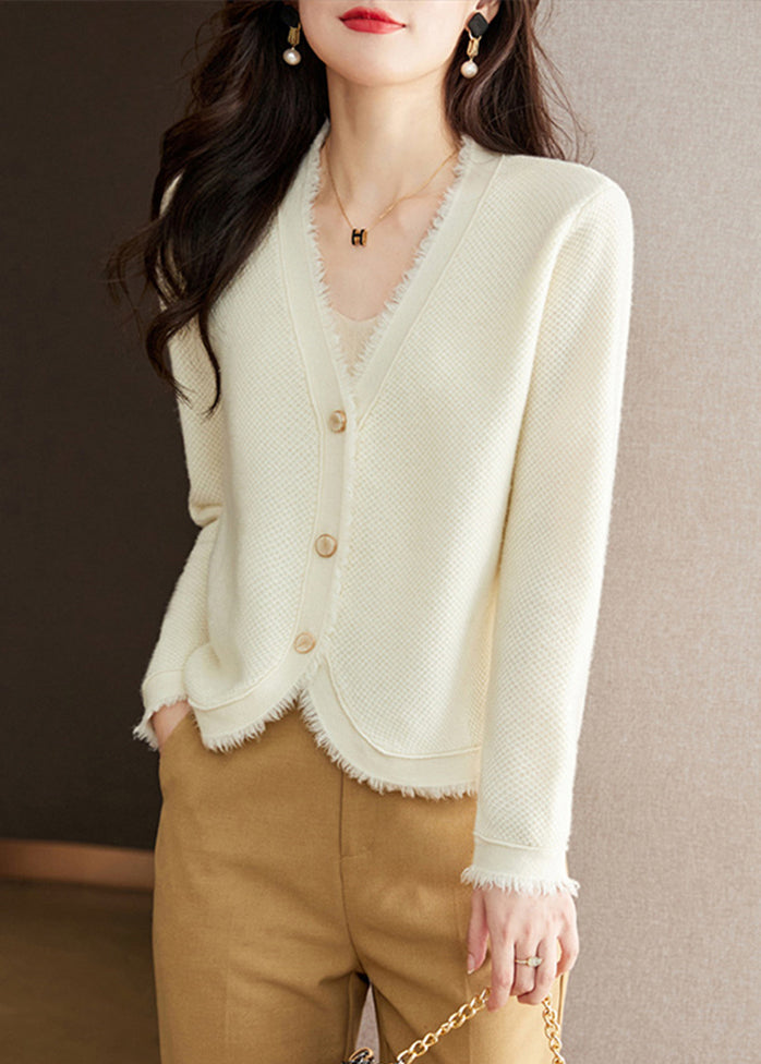 New Beige V Neck Button Wool Knit Cardigan Fall