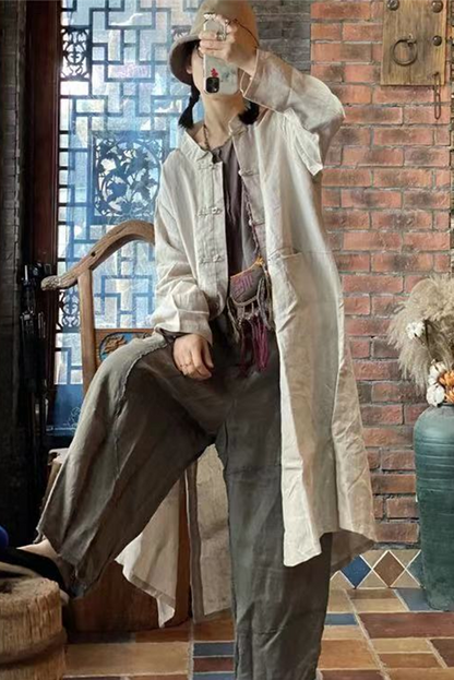 - White Linen Buckle Long Coat