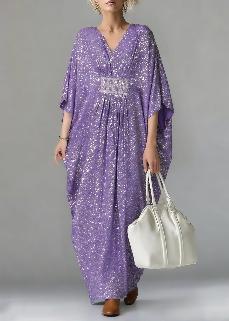 Purple Sequins Tunic Holiday Long Dress Batwing Sleeve