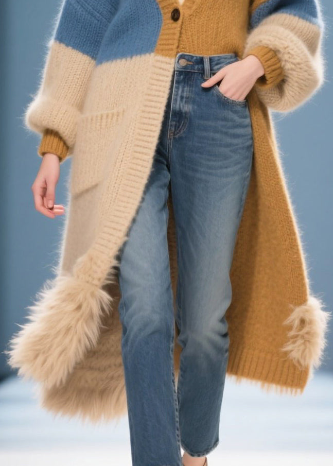 Mixed Color Oversized Patchwork Faux Fur Knit Cardigans Winter