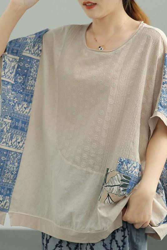 Cotton Linen Patchwork Stitching Split T-shirt