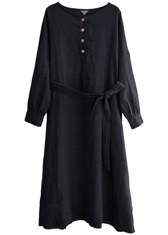New Grey O Neck Button Tie Waist Linen Dresses Spring