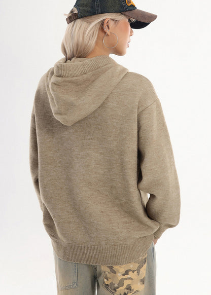Coffee Hooded Embroidered Knit Sweatshirt Winter