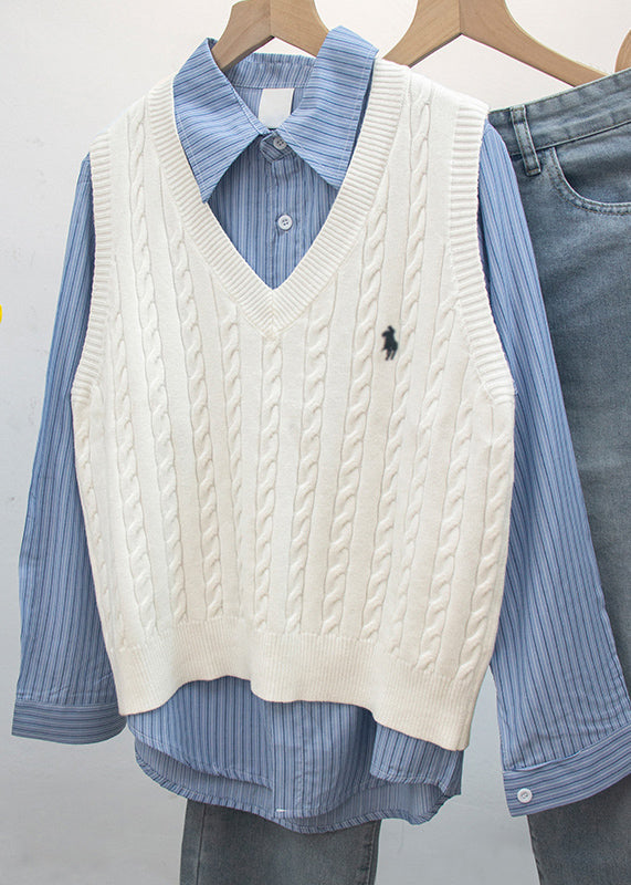 White V Neck Embroideried Knit Vest Sleeveless