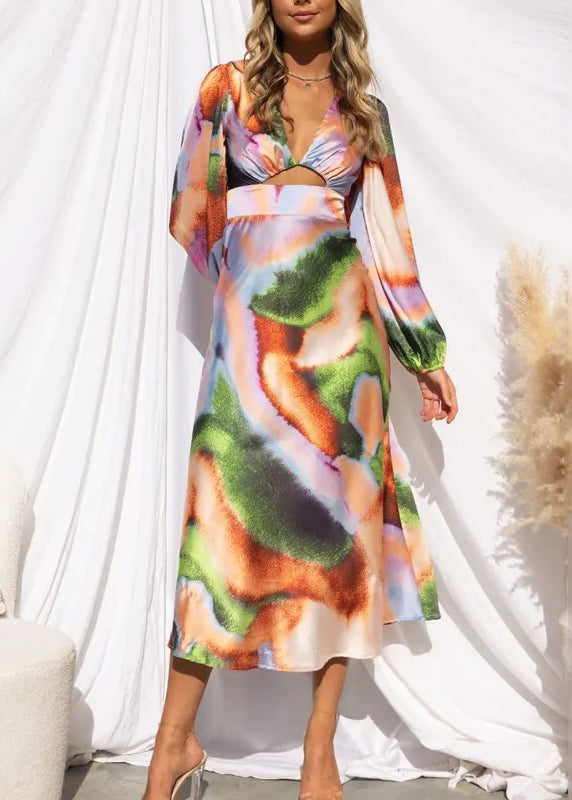 French Yellow V Neck Hollow Out Tie Dye Silk Long Dress Spring