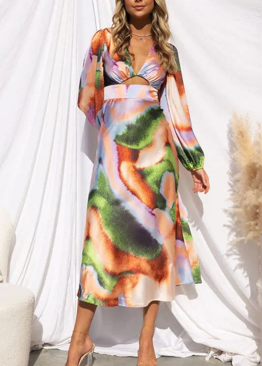 French Yellow V Neck Hollow Out Tie Dye Silk Long Dress Spring