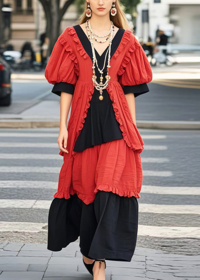Colorblock Ruffled Patchwork Cotton Maxi Dresses Summer