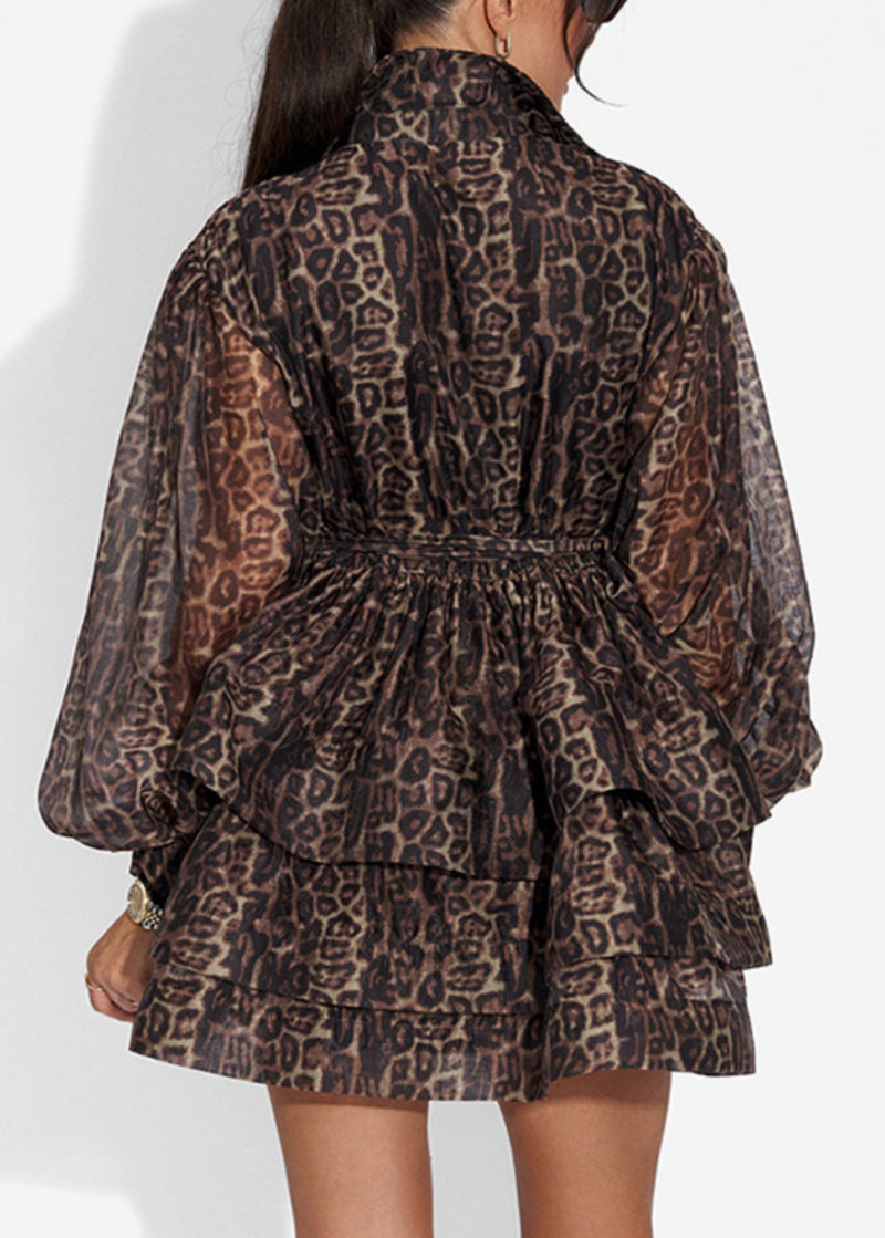 Leopard Peter Pan Collar Tie Waist Chiffon Shirt Dresses Spring