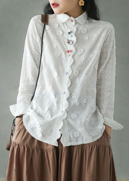 Diy White Embroidered Three-dimensional Cotton Shirt Top Long Sleeve