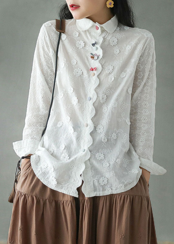 Diy White Embroidered Three-dimensional Cotton Shirt Top Long Sleeve