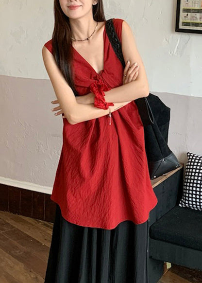 Red V Neck Wrinkled Top Sleeveless