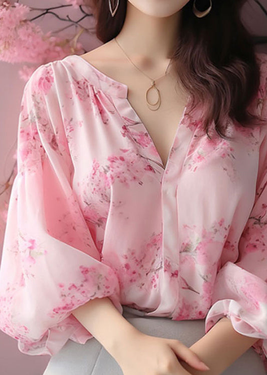 Pink V Neck Print Chiffon Blouses Bracelet Sleeve