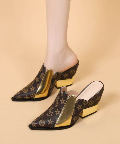 Colorblock Splicing Wedge Cowhide Leather Slide Sandals Pointed Toe