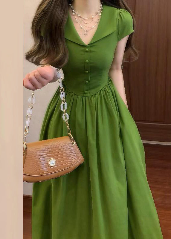 Green V Neck Wrinkled High Waist Cotton Maxi Dresses Summer