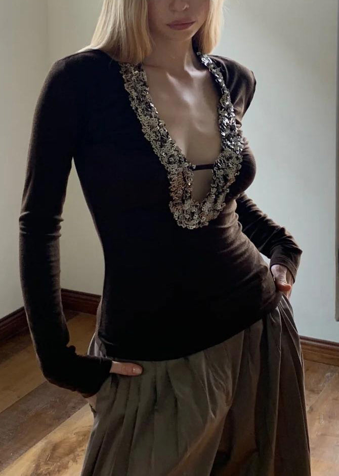 Coffee U Neck Sequins Silk Top Spring