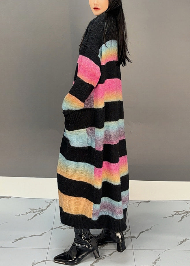 Yellow Striped Pockets Knit Long Cardigan Winter
