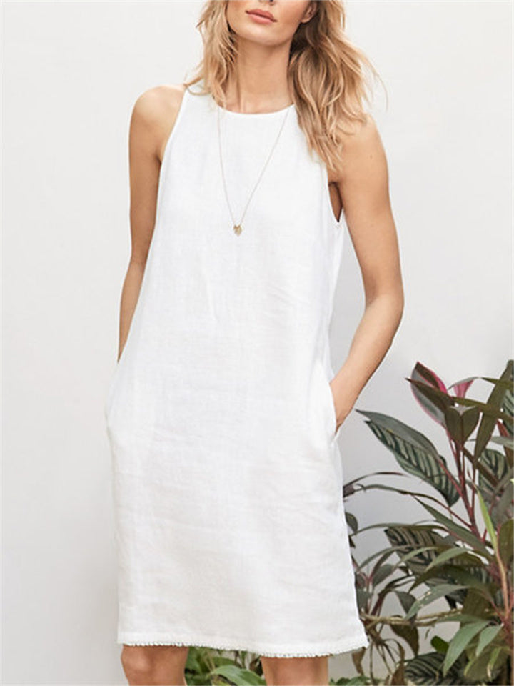 Color Sleeveless Cotton Linen Round Neck Loose Waist Pocket Tassel Undershirt Urban Style A-line Dress