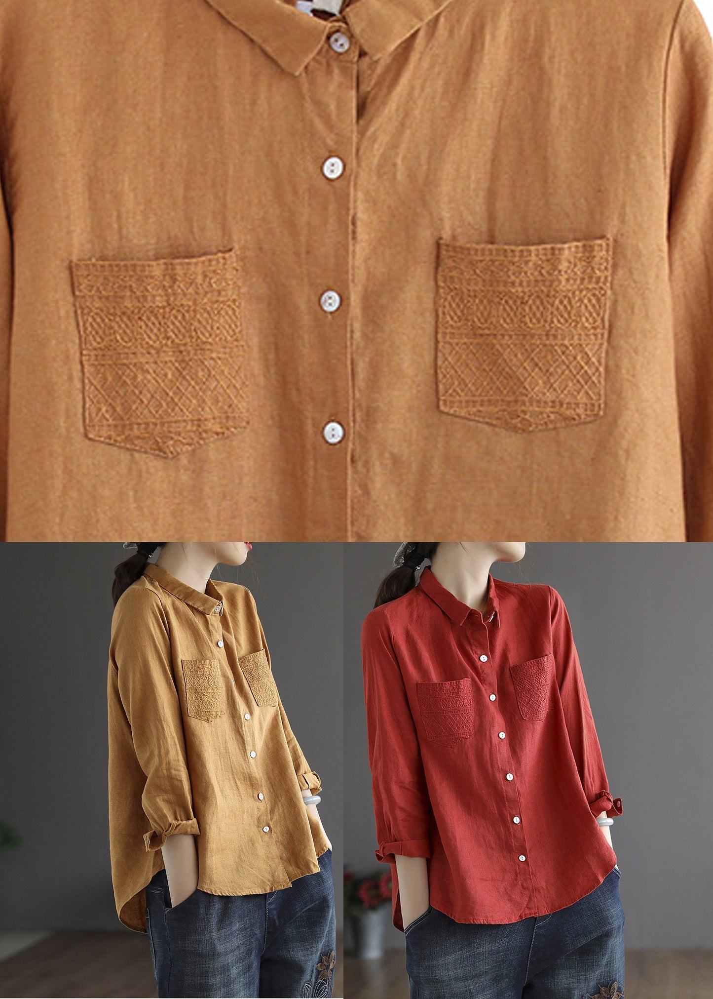 Loose Brown Yellowe Peter Pan Collar Embroidered Button Linen Shirt Long Sleeve