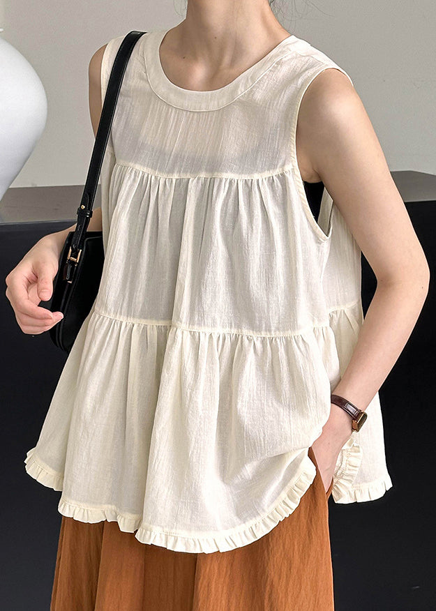 Beige Ruffled Cotton Tops O Neck Summer