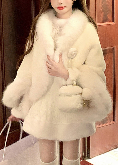 White Fur Collar Coat and Dress Fluffy Two Pieces Set Flare Sleeve
