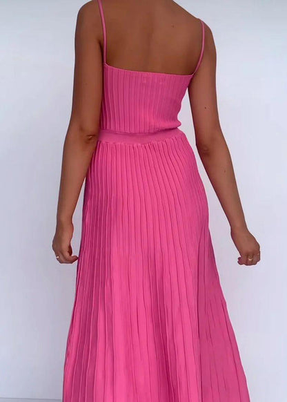 Yellow Knitted Pleated Spaghetti Strap Dress Summer