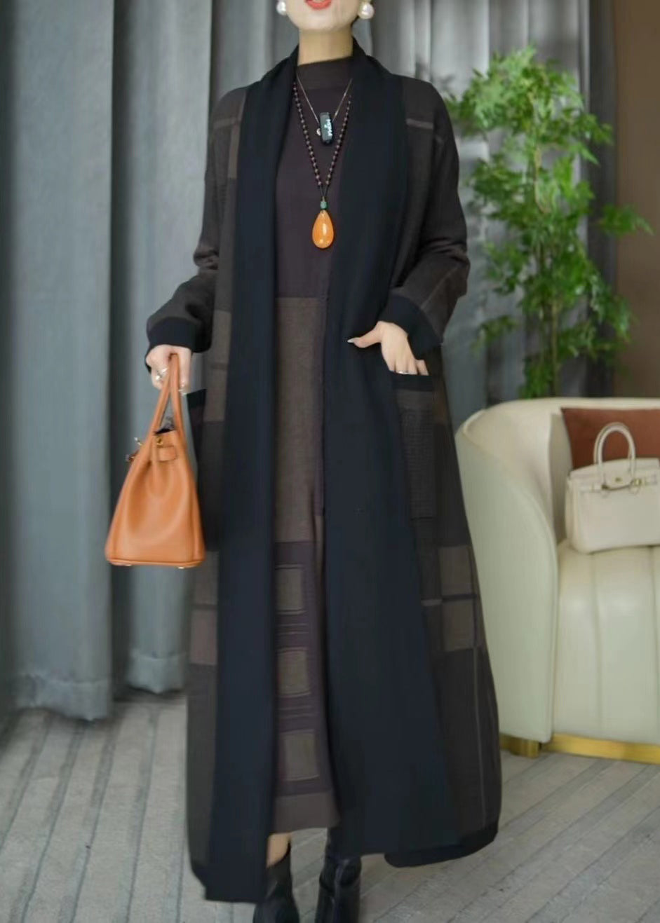 V Neck Plaid Pockets Knit Cardigans Winter