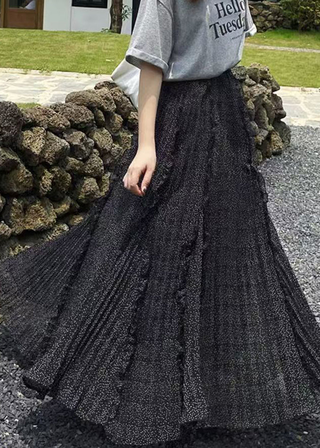 Loose Black Ruffled Print Chiffon a Line Skirts Fall